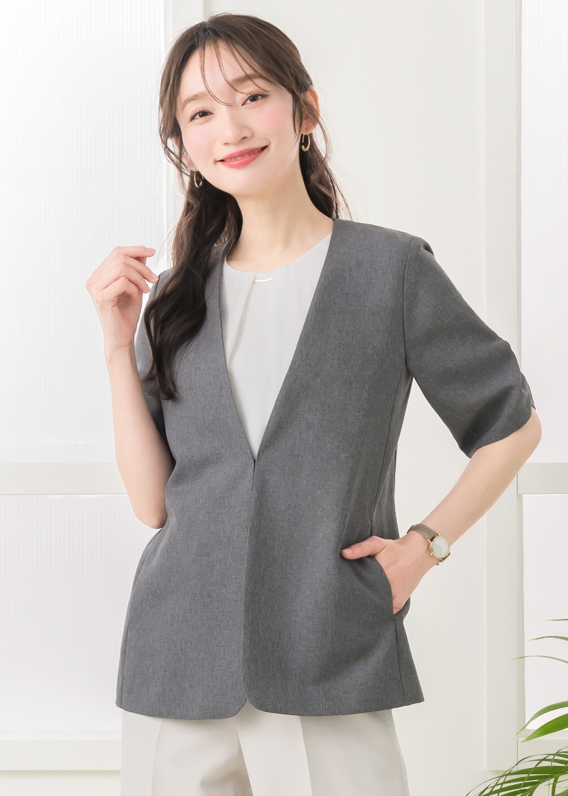 夏ジャケット レディース 夏 クールビズ 半袖 ロング ストレッチ