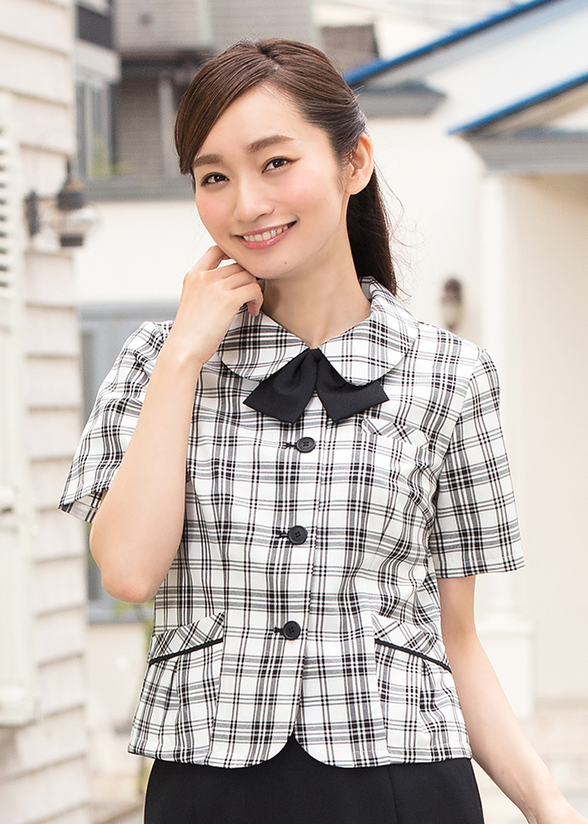 事務服 ブラウス オーバーブラウス 半袖 洗える 企業 会社 制服 ユニフォーム 単品 チェック柄 受付 オフィス ビジネス 通勤 OL メール便送料無料 1/1 | ELENA | 01