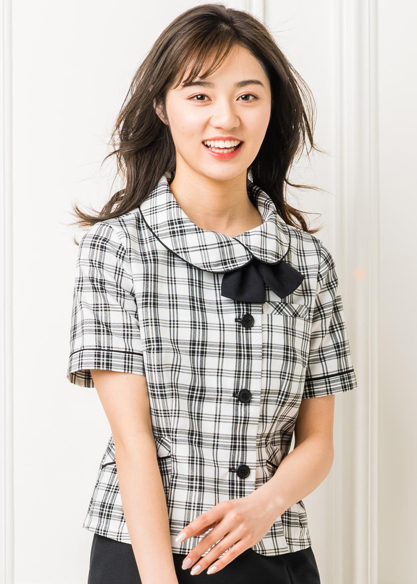 事務服 ブラウス オーバーブラウス 半袖 洗える 企業 会社 制服 ユニフォーム 単品 チェック柄 受付 オフィス ビジネス 通勤 OL メール便送料無料 1/1 | ELENA | 05