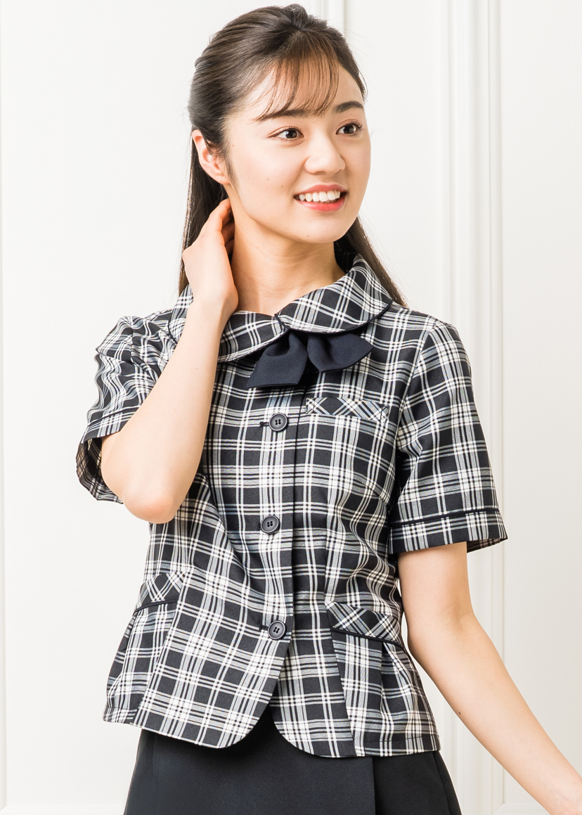 事務服 ブラウス オーバーブラウス 半袖 洗える 企業 会社 制服 ユニフォーム 単品 チェック柄 受付 オフィス ビジネス 通勤 OL メール便送料無料 1/1 | ELENA | 06