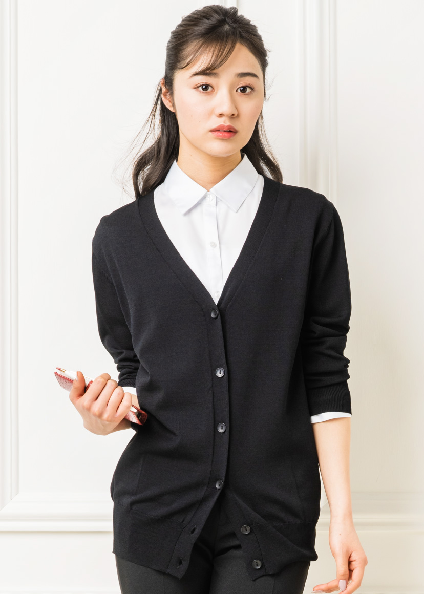 カーディガン 事務服 レディース 制服 ロングカーディガン Vネック 