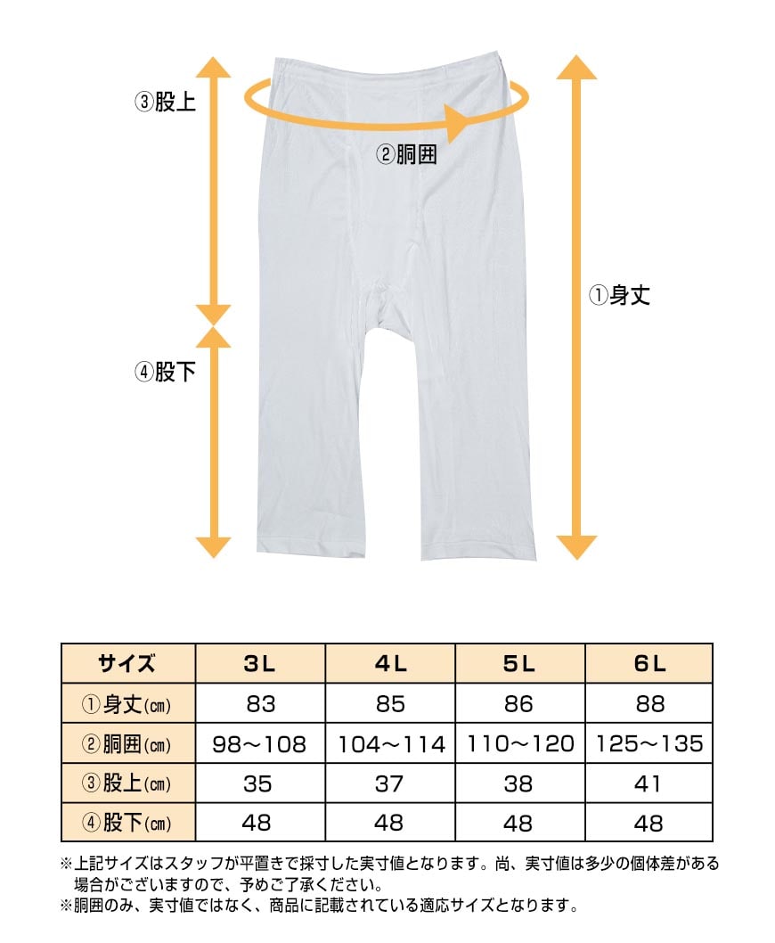 メンズ ステテコ ロングパンツ ズボン下 大きいサイズ 2枚組×3セット 3L〜6L (肌着 綿100% ボトム インナー 白)