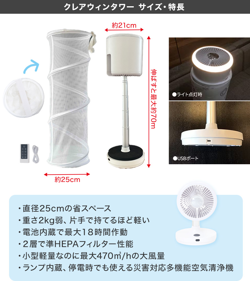 クレアウィン タワー 250×700mm CleAir Win クレアウイン コンパクト 空気清浄 抗ウイルス フィルター 花粉
