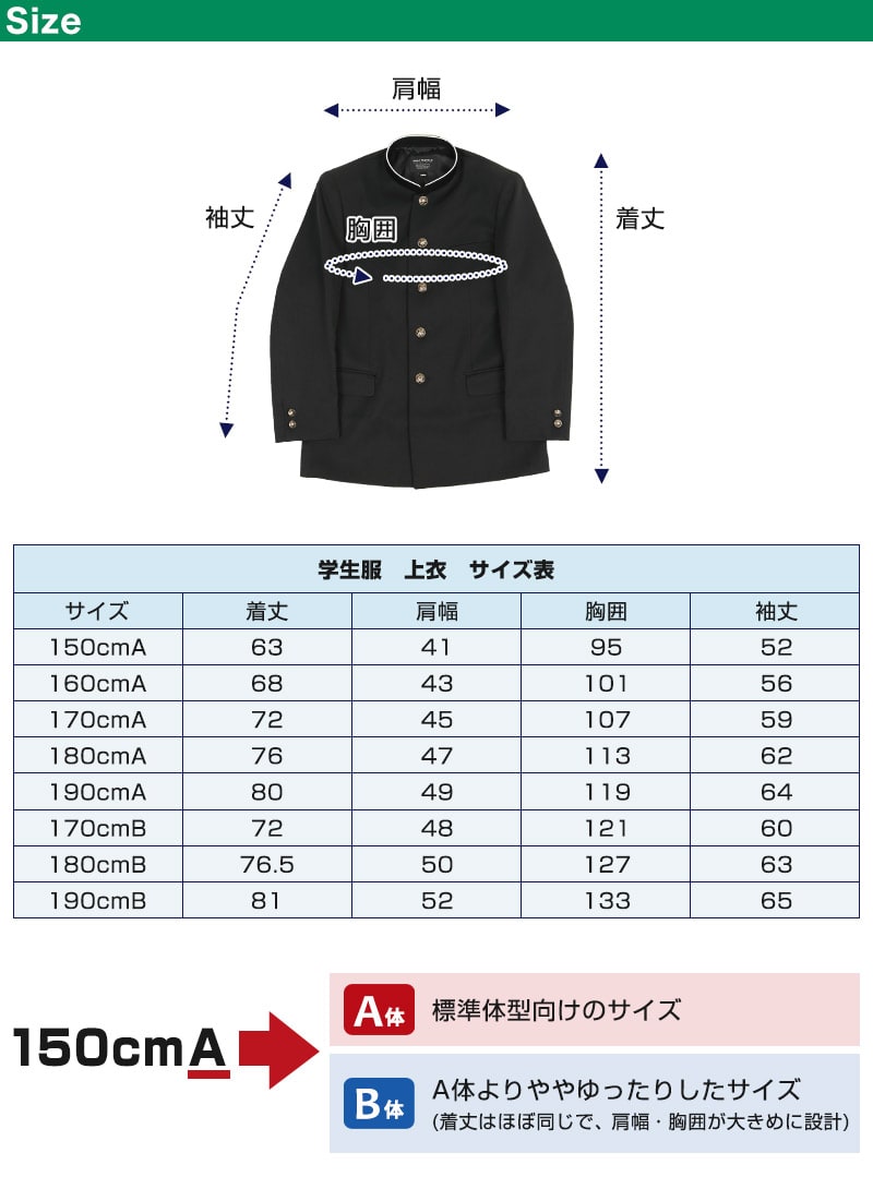 学生服 男子 上着 学ラン 中学生 高校生 制服 上衣 洗える A体 B体 150cmA〜190cmB 洗濯機 丸洗いOK 学生 メンズ ジュニア 詰襟 (送料無料) (取寄せ)