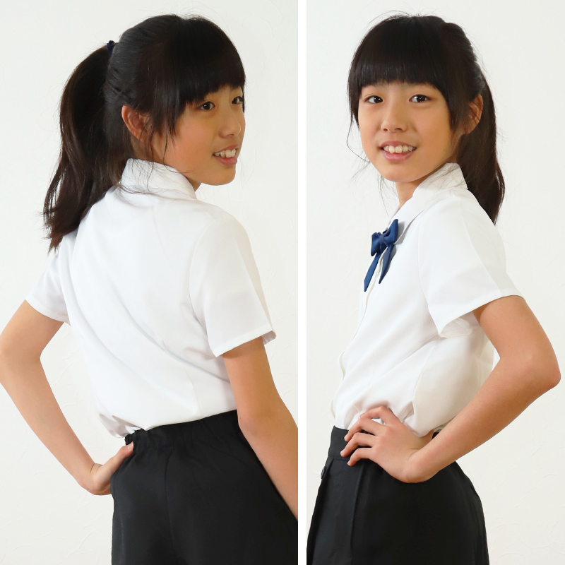 スクールシャツ 女子 半袖 ブラウス 学生服 角襟 丸襟 130cm〜170cm (制服 白 ノーアイロン 小学生 通学 リボンタイ付き)