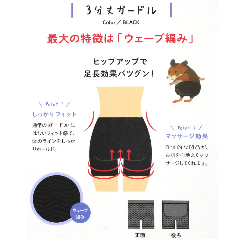 3分丈 ガードル ソフト 着圧 M-L〜3L-4L レディース ヒップアップ 三分丈 ウェーブ編み 黒