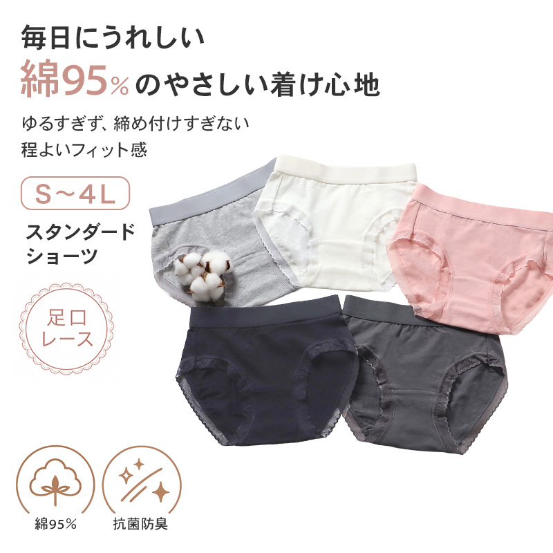 ショーツ レディース 綿 レース S M L LL 3L 4L 無地 パンツ コットン 大きいサイズ スタンダード シンプル ストレッチ インナー 女性 下着