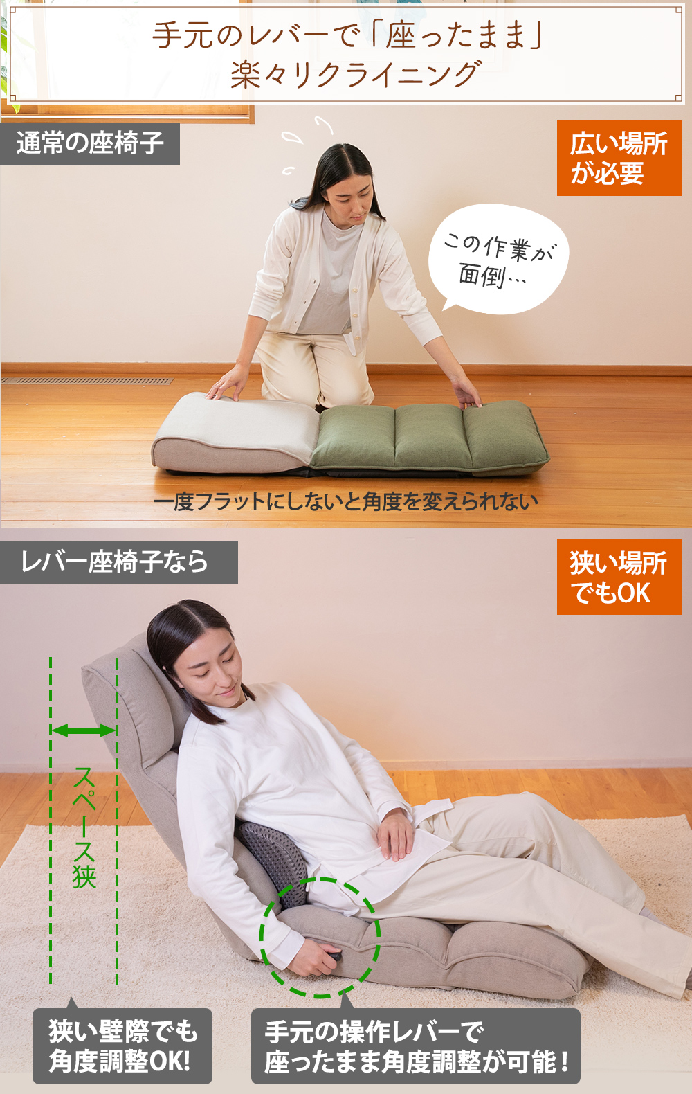 レバーで楽々リクライニング