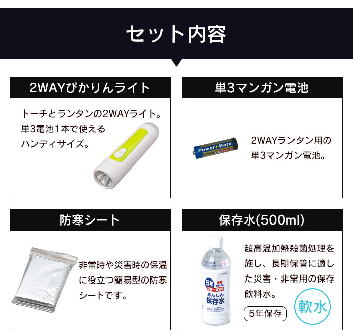 防災セット 24点 A4サイズ 帰宅難民 災害備蓄用 地震 震災 対策 防災グッズ 簡易トイレ 保存水 保存食 懐中電灯 非常用｜suwalog｜03