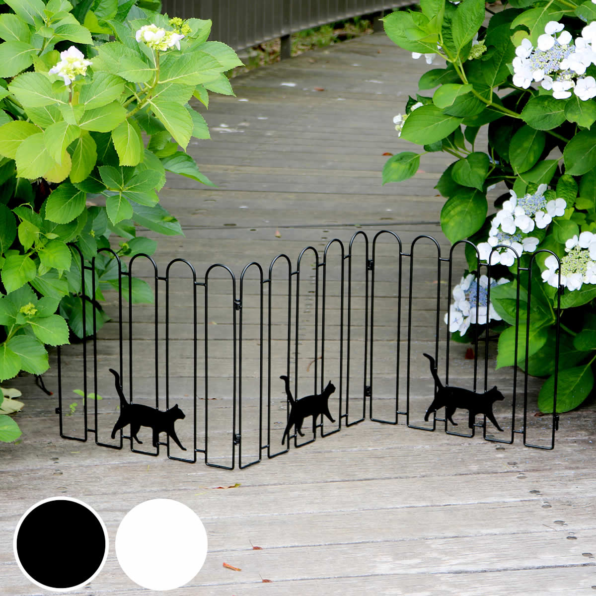折り畳めるアイアンフェンス（猫3連） ブラック/ホワイト NK120 折りたたみ式 簡易設置 置くだけ ねこ ネコ キャット フェンス 柵 仕切り 庭 ガーデン｜suwalog｜02