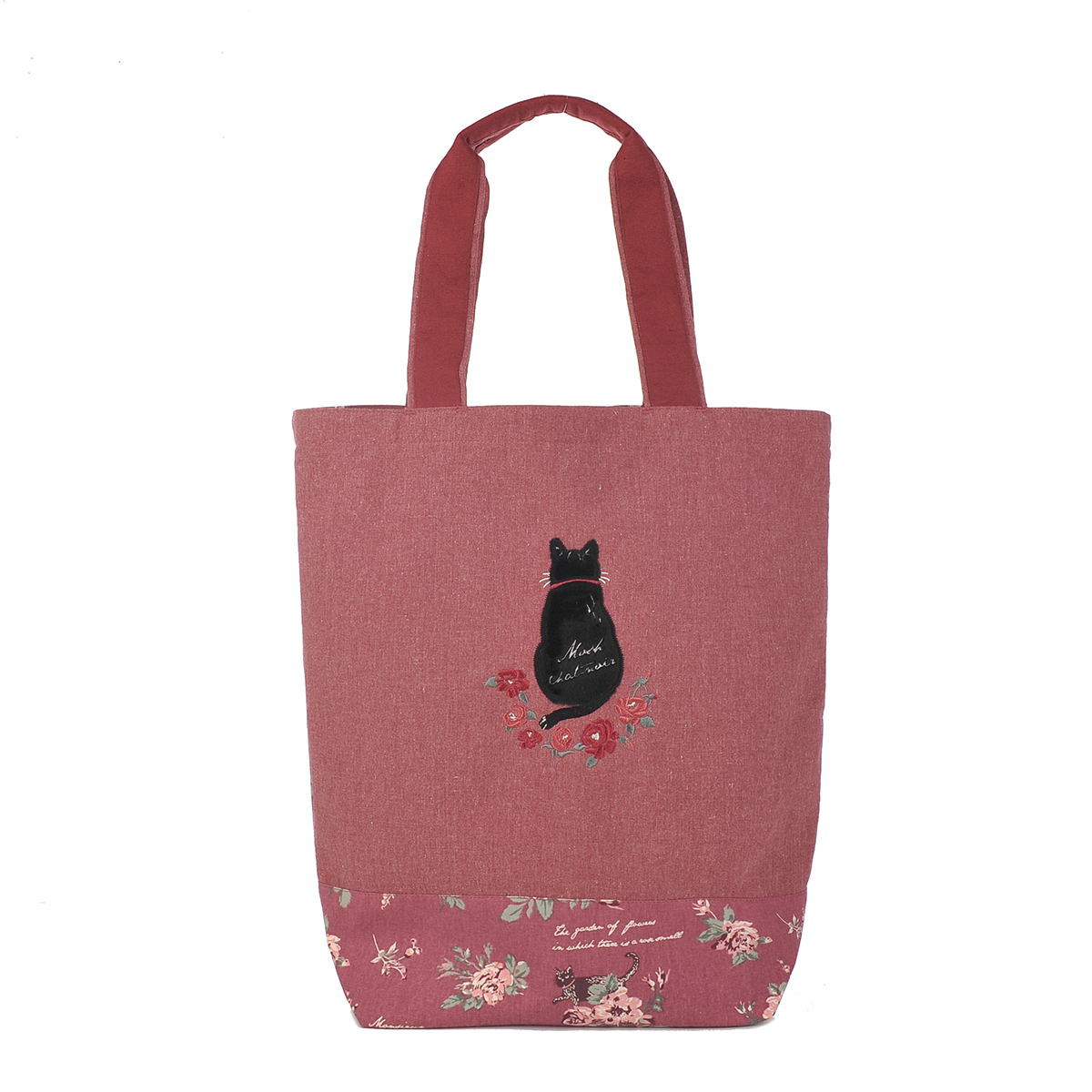 バッグ おしゃれ かわいい ネコ 花柄 バラ 黒猫ムッシュ君・ローズガーデン トートバック 21-3066 #1/RD #2/BL クスグルジャパン