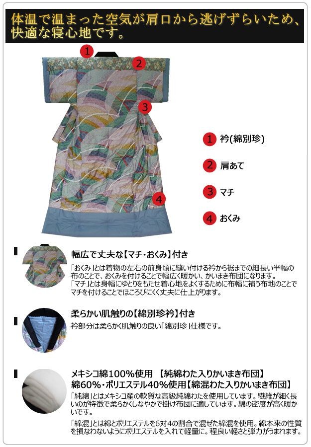 日本製)ロング 本仕立て手作りかいまき 綿混わた2.7kg入 150×220cm