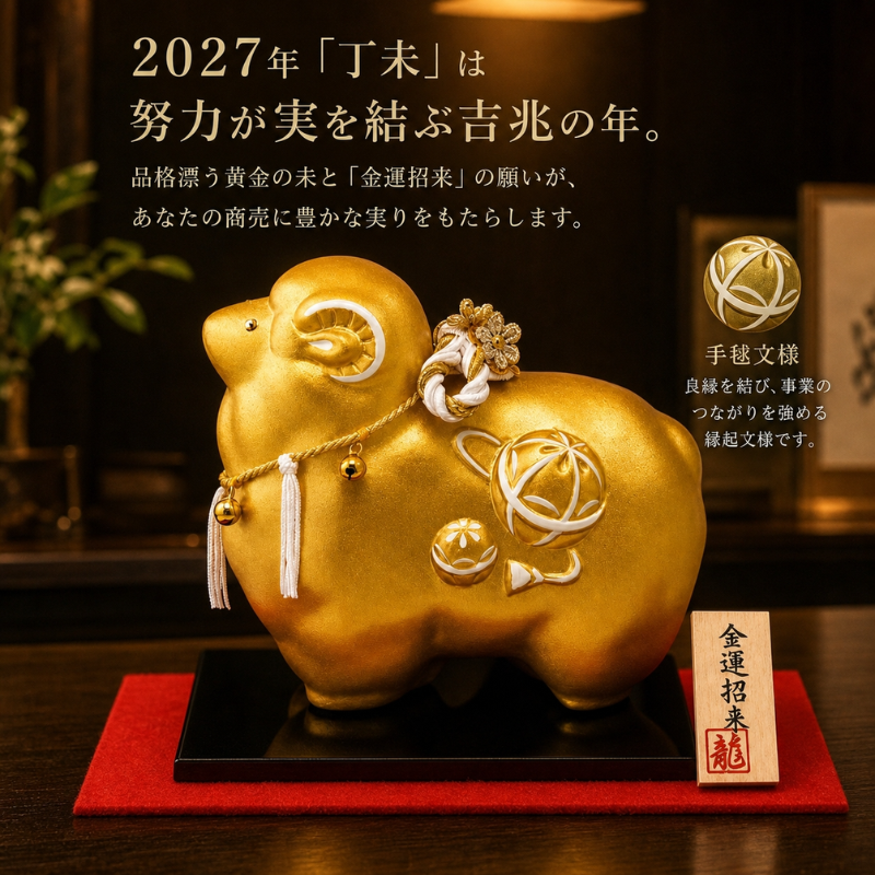 リュウコドウ 2027年 干支 置物 未年 羊 ひつじ 金の未 龍虎堂 陶器 金