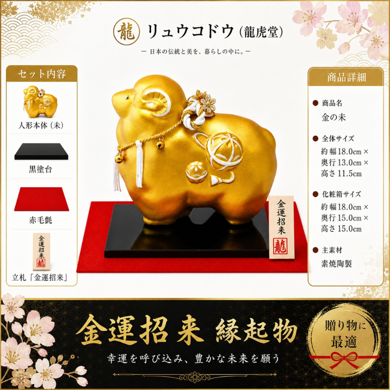リュウコドウ 2027年 干支 置物 未年 羊 ひつじ 金の未 龍虎堂 陶器 金
