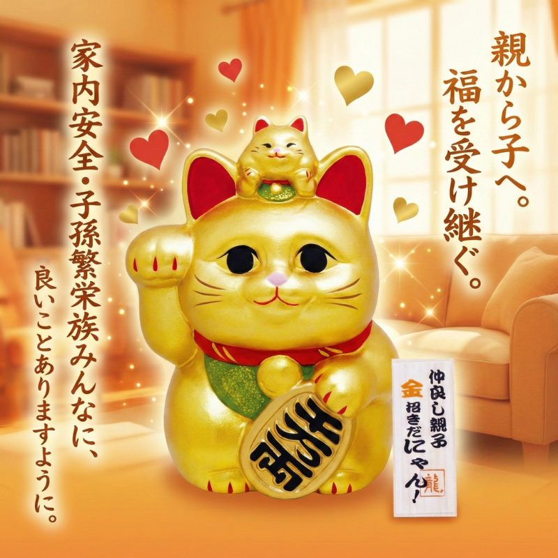 招き猫 貯金箱 置物 親子 陶器 金運 開運 縁起物 右手 金色 ゴールド