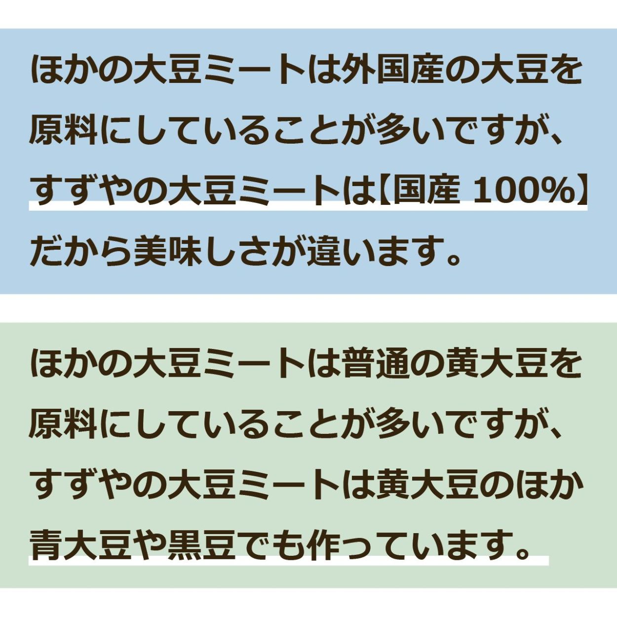 ほかの大豆ミートは外国産の大豆を使用していることが多いですが、すずやの大豆ミートは【国産100％】だから美味しさが違います。ほかの大豆ミートは普通の黄大豆を原料にしていることが多いですが、すずやの大豆ミートは黄大豆のほか青大豆や黒豆でも作っています。