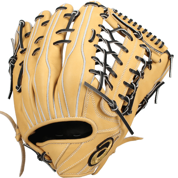 ASICS　ゴールドステージ　硬式　外野　ブラック×ブルーステッチ 湯もみ ゴールドステージ 【湯もみ型付け込み/代引、後払い不可 】野球