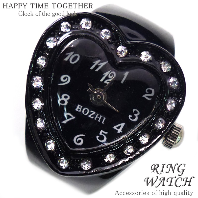 新作 全21種 リングウォッチ ブラック 黒 ハート 指輪時計 指時計