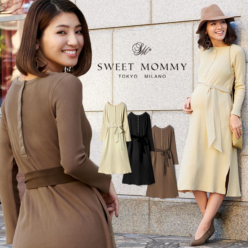 マタニティ 服 ワンピース 授乳服 ワッフル素材 前後２way ロングワンピース サーマルワンピ スリット :to19103:授乳服とマタニティ服のSweetMommy  通販 