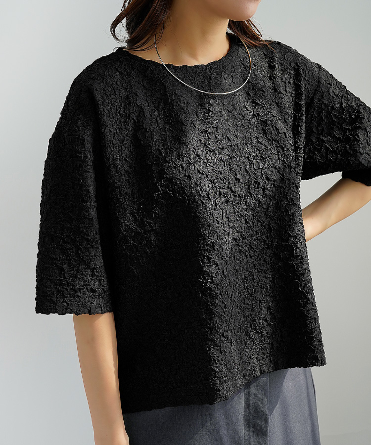 Tシャツ ふくれジャガード 半袖 クロップド丈 5分袖 レディース
