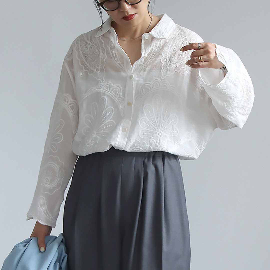 レースブラウス レディース 長袖 トップス シャツ 刺繍レース 上品 