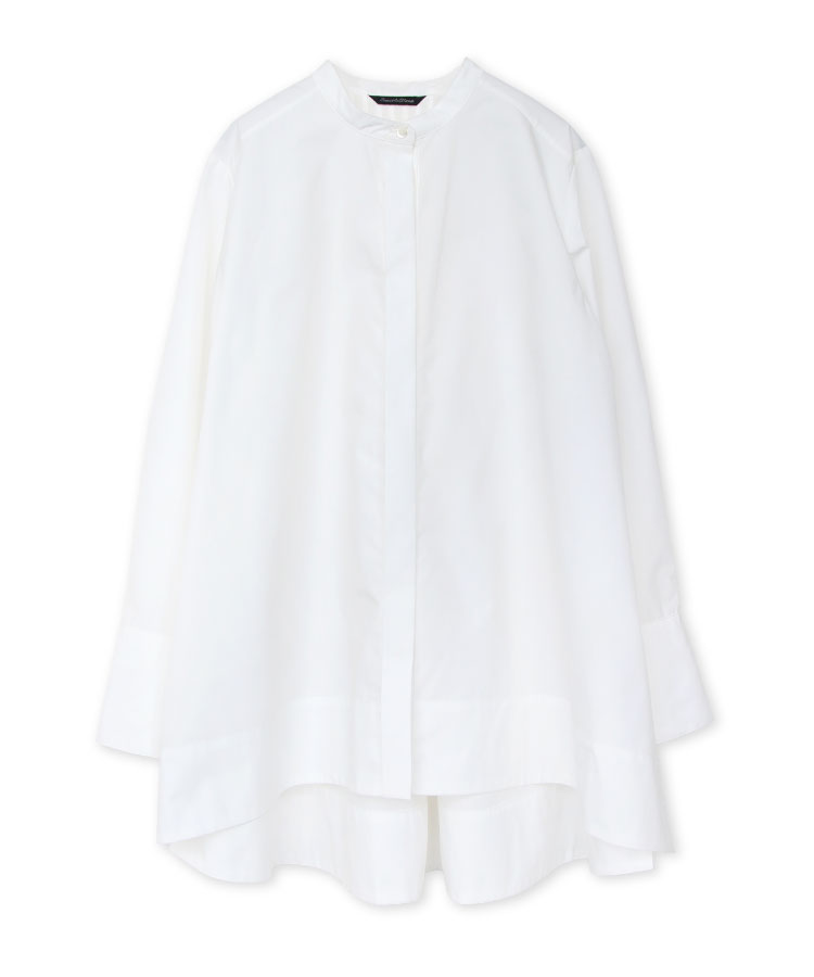 トップス Aライン ブラウス レディース ロングシャツ 白 黒 スタンド 