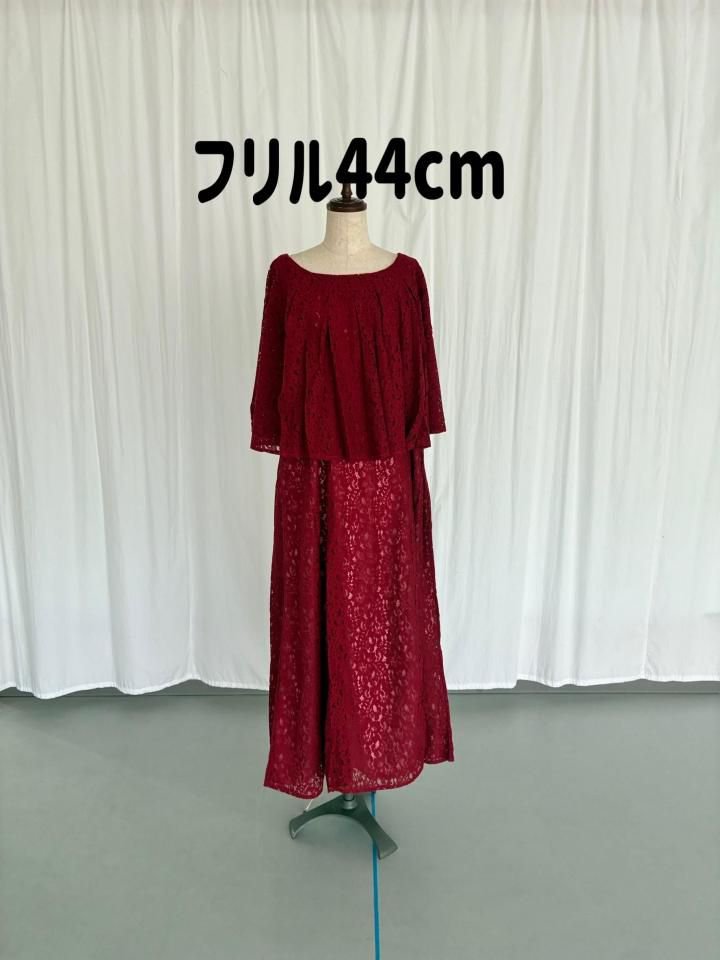 限定品ロングフリルレースドレス 赤 緑の詳細画像1