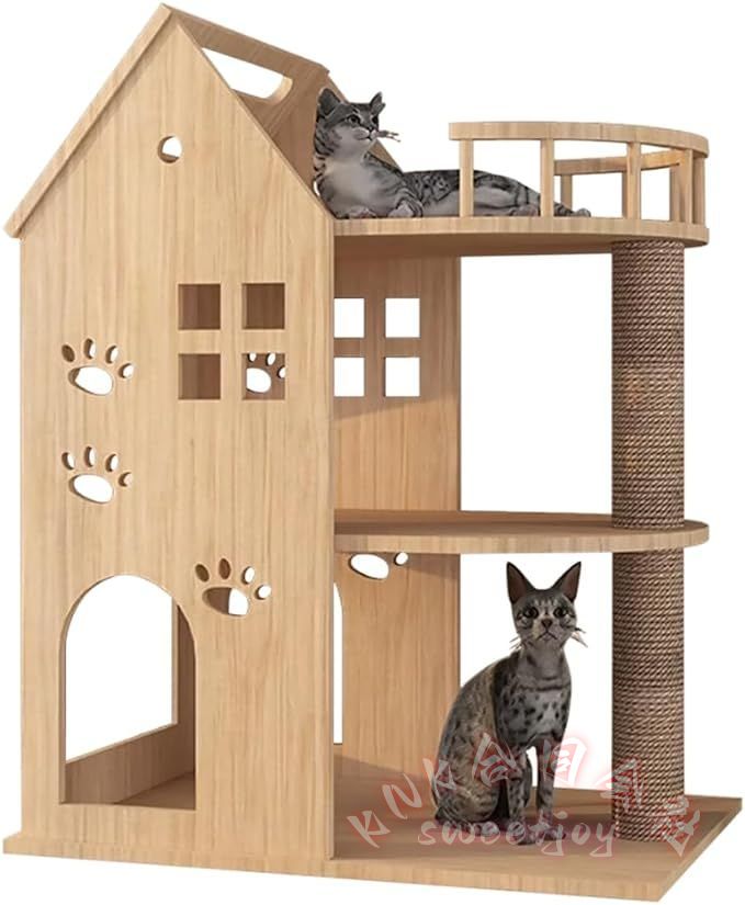 木製キャットタワー 突っ張り 大型 多頭飼い KNK(株） 透明宇宙船 サイザル麻紐 爪とぎ 見晴台 ねこハウス 掃除簡単 猫用品の画像