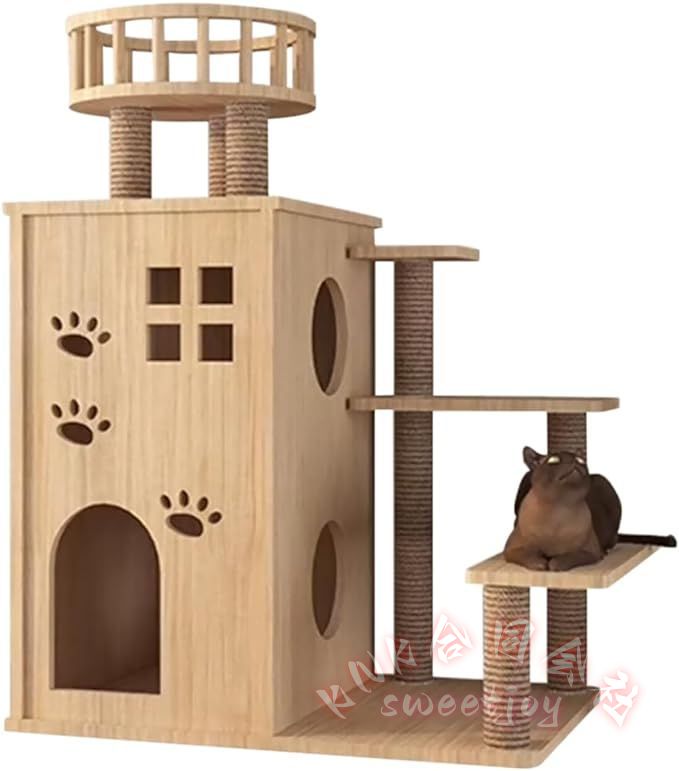 木製キャットタワー 突っ張り 大型 多頭飼い KNK(株） 透明宇宙船 サイザル麻紐 爪とぎ 見晴台 ねこハウス 掃除簡単 猫用品の画像