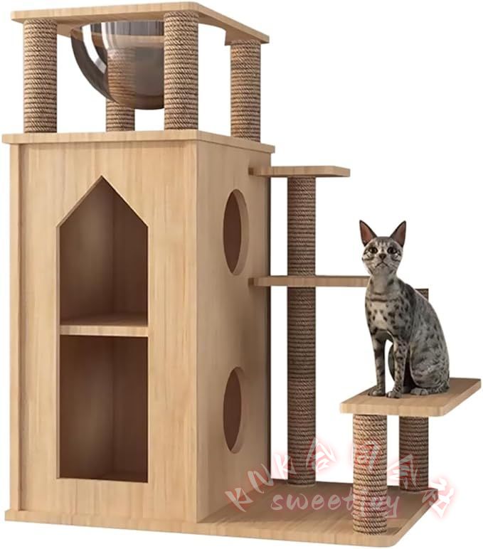 木製キャットタワー 突っ張り 大型 多頭飼い KNK(株） 透明宇宙船 サイザル麻紐 爪とぎ 見晴台 ねこハウス 掃除簡単 猫用品の画像
