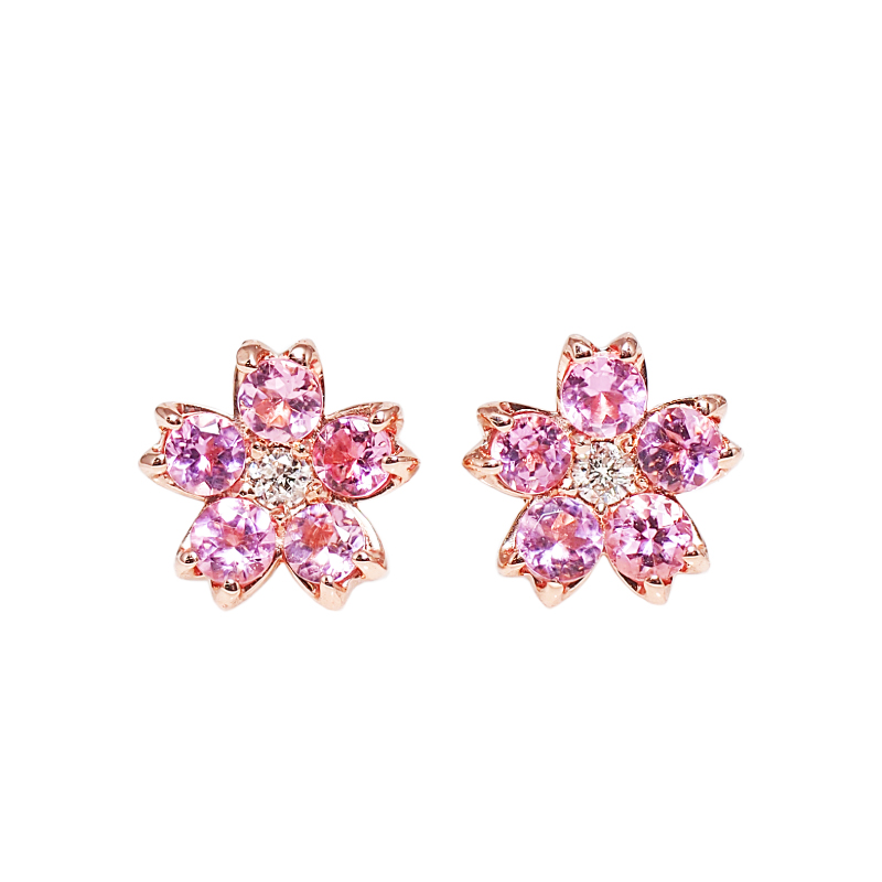 ピアス 桜 ピンクトルマリン ダイヤ スタッド キャッチ レディース 女性 誕生日 プレゼント ギフト 18金 10金 K18 金属アレルギー 安心 ピンクゴールド あすつくの画像
