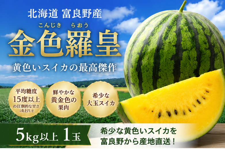 黄色いスイカ 金色羅王 こんじきらおう 北海道富良野産 1玉 約5kg 送料