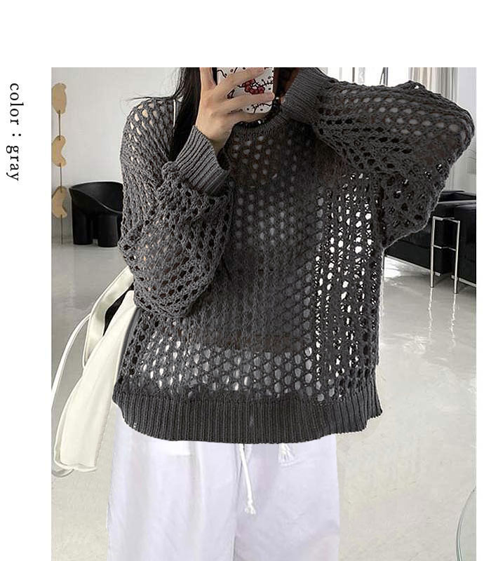 古着　ミドル丈　クロップド丈　あみあみ　ニット　トップス　透け　チェック メッシュ ニット トップス レディース 春 長袖 透かし編み ショート丈