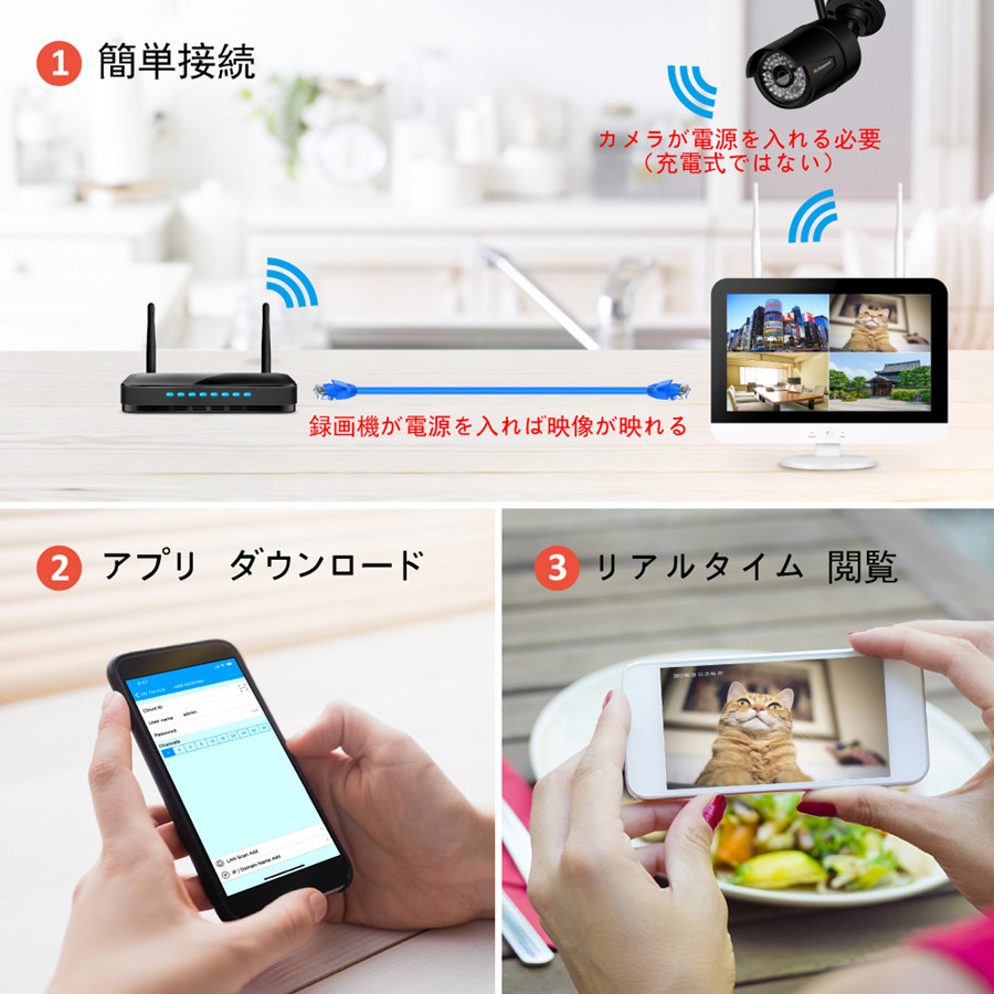 防犯カメラ 家庭用 屋外 ワイヤレス 4台セット 監視カメラ wifi 工事