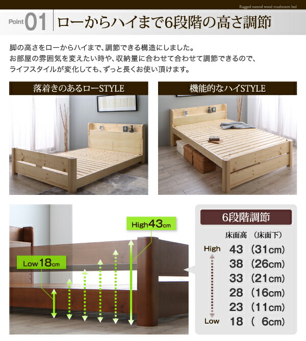 春夏秋冬の最新作商品 ローからハイまで高さが変えられる6段階高さ調節 頑丈天然木すのこベッド 国産カバーポケットコイルマットレス付き シングル 組立設置付