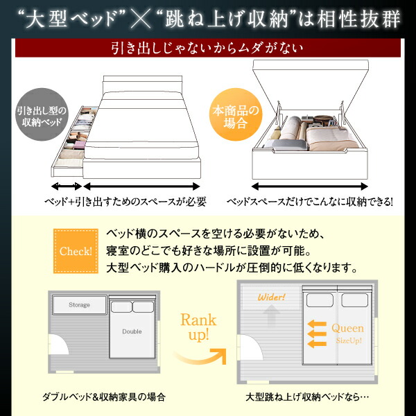 ベッド 収納付きベッド 収納 収納付 跳ね上げベッド 深型 連結 コンセント付 大容量 宮付き 照明 キング ベッドフレームのみ 縦開 キング(SS+S) 深さラージ :a120140500042800:サウザースプリング