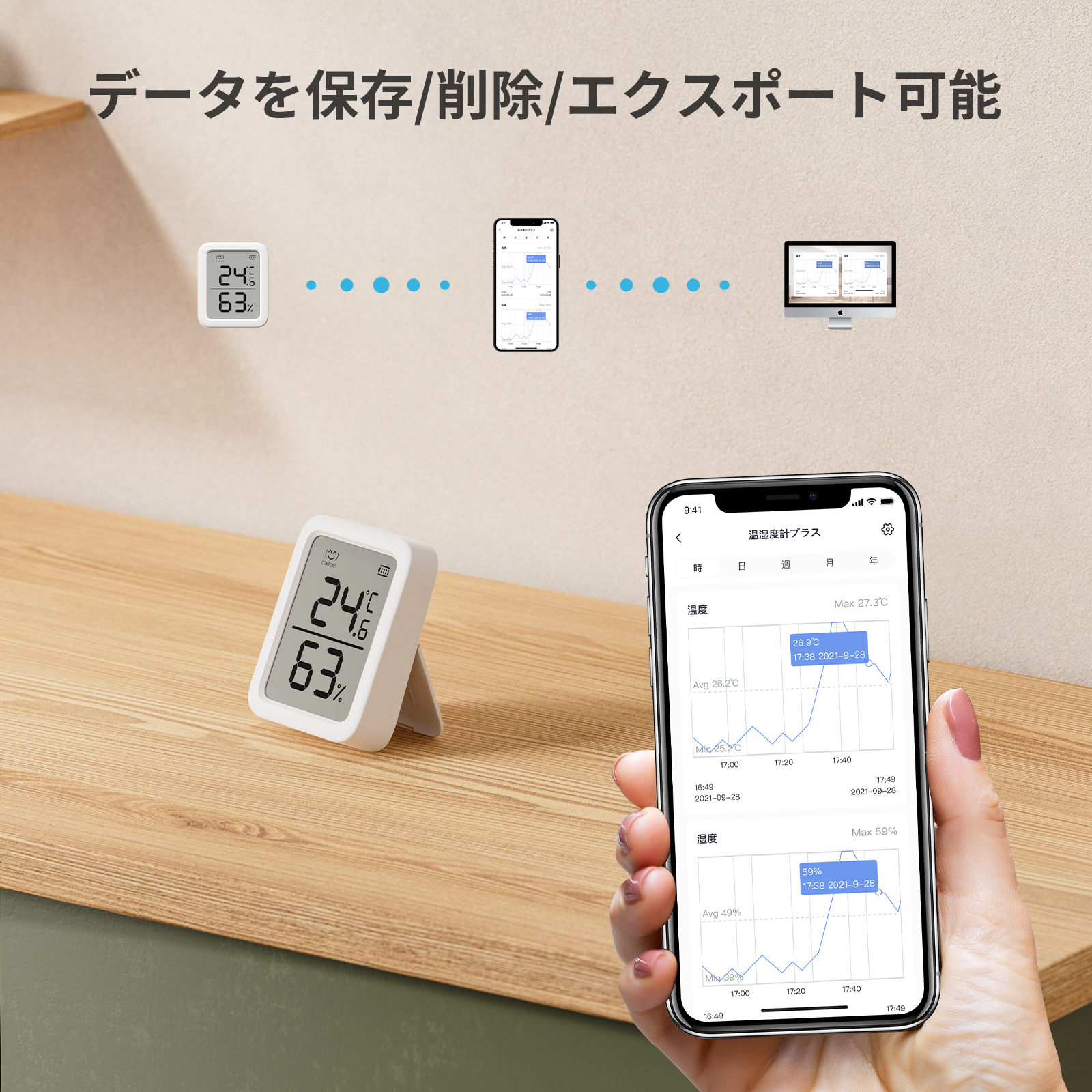 【熱中症対策】SwitchBot 温湿度計プラス 温度計 湿度計スイッチボット スマホで温度湿度管理 高精度 コンパクト 大画面 温度 湿度 アラーム グラフ記録 梅雨 | SwitchBot | 07