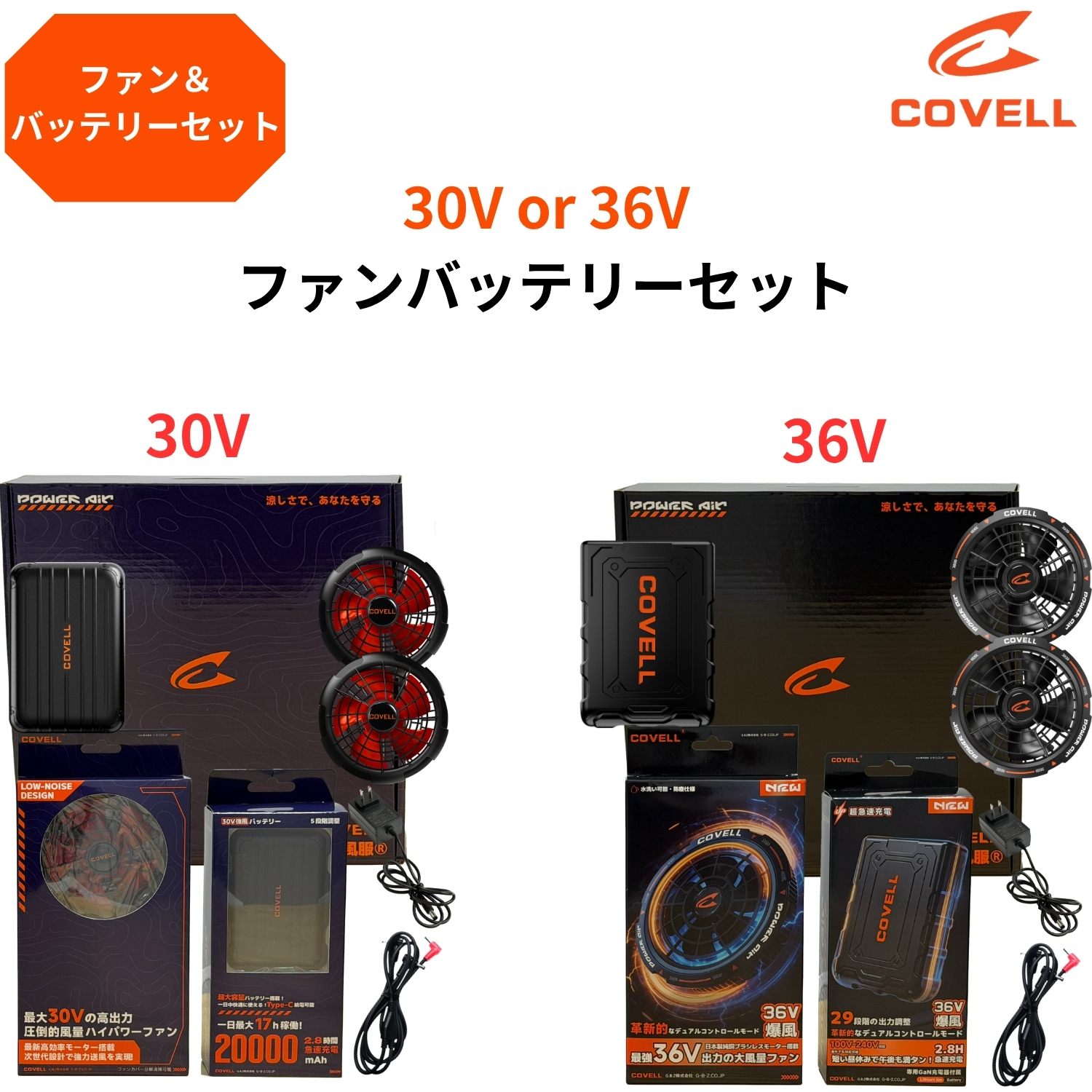 COVELLコベル 空調作業服 30V|36V ファンバッテリセット 熱中症対策