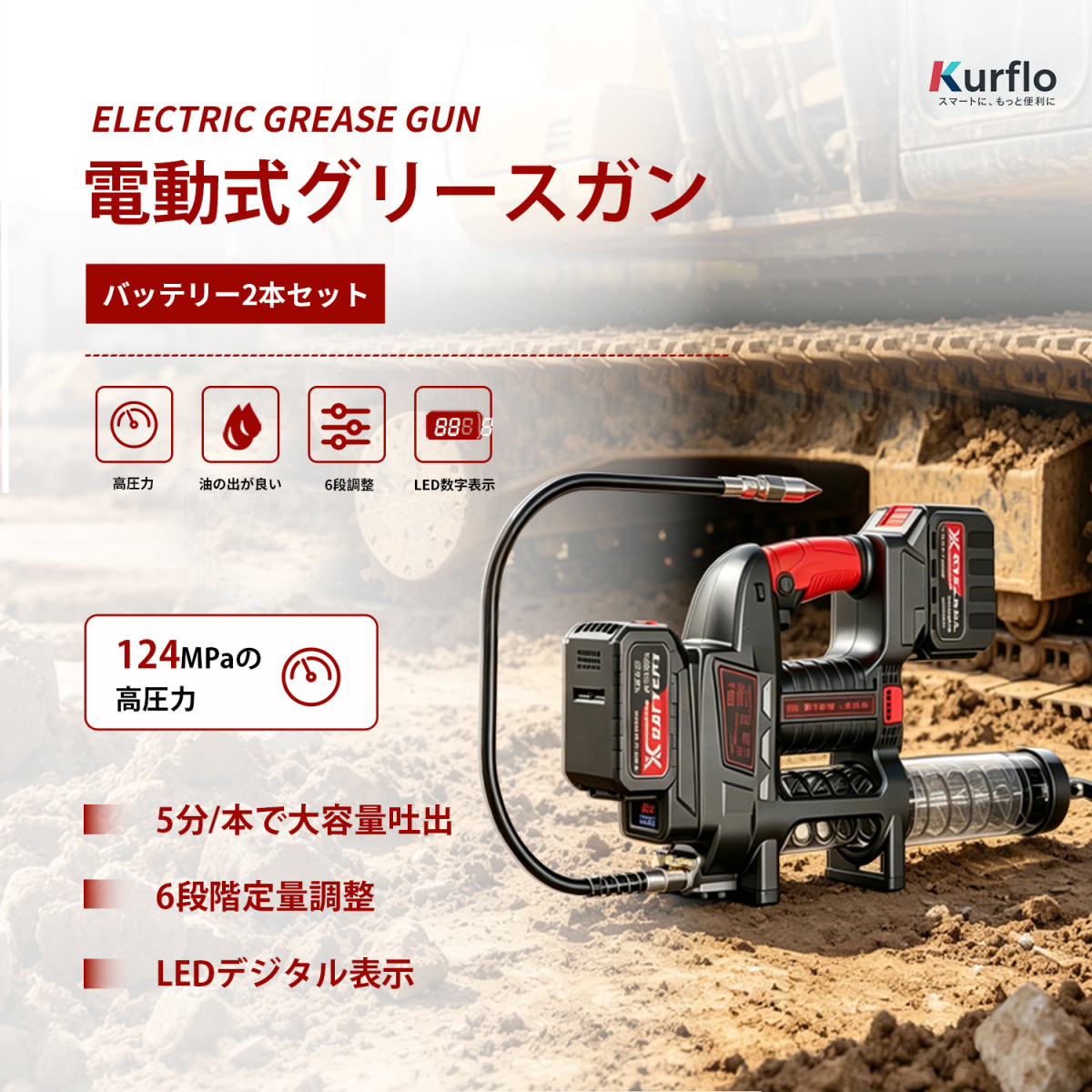 Kurflo 電動式グリースガン 12000PSI 24v充電式 高圧防爆チューブ