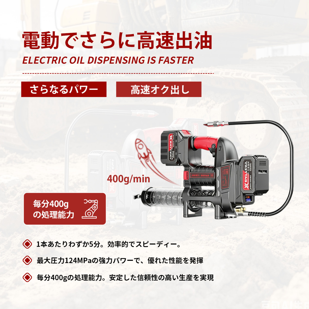 Kurflo 電動式グリースガン 12000PSI 24v充電式 高圧防爆チューブ