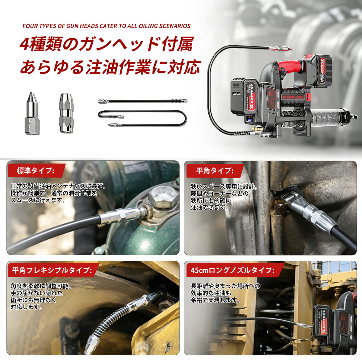 Kurflo 電動式グリースガン 12000PSI 24v充電式 高圧防爆チューブ