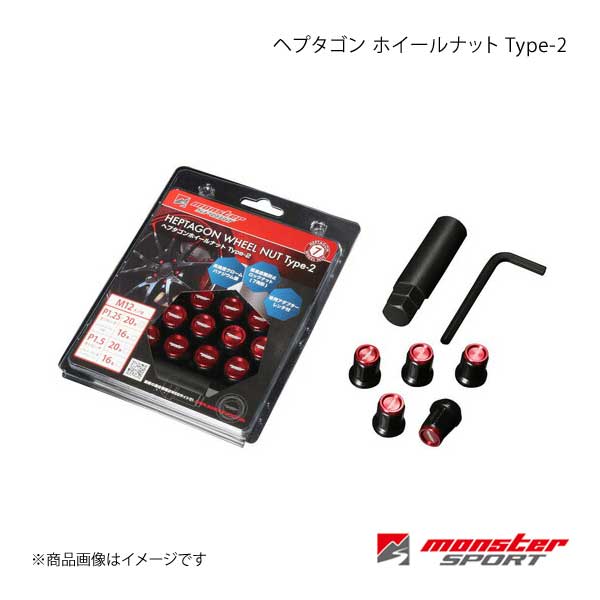 MONSTER SPORT ヘプタゴンホイールナットType-2 デミオ DW3W DW5W DE3FS DE3AS DE5FS M12×P1.5 16pcs 28mm 60°テーパー RED ZZTN52-16R