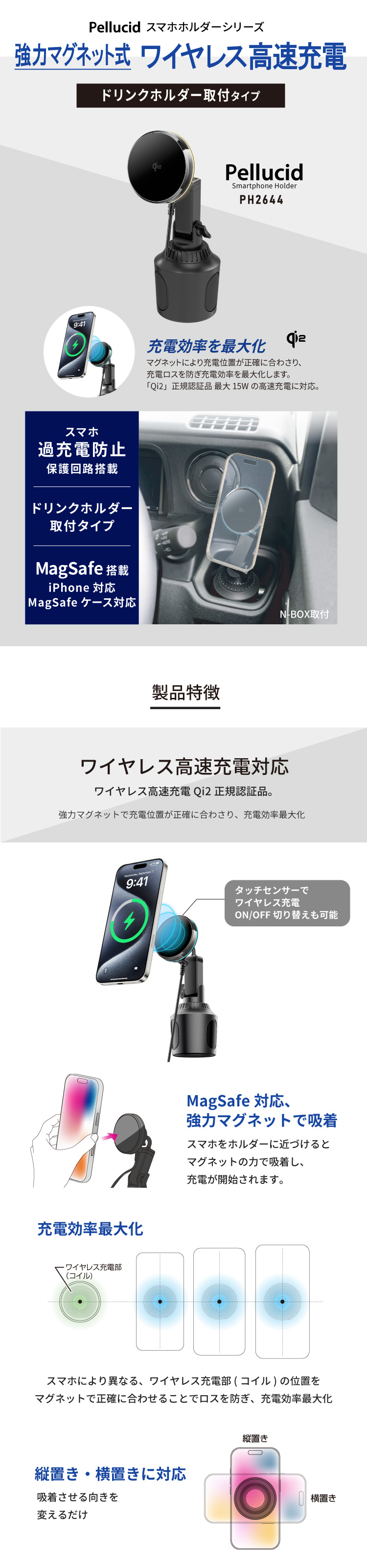 ペルシード MagSafe対応 スマホホルダー 車 PH2644 強力マグネット+