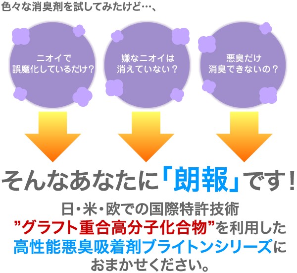 日・米・欧での国際特許技術日・米・欧での国際特許技術。グラフト重合高分子化合物を利用した高性能悪臭吸着剤ブライトンシリーズにおまかせください。