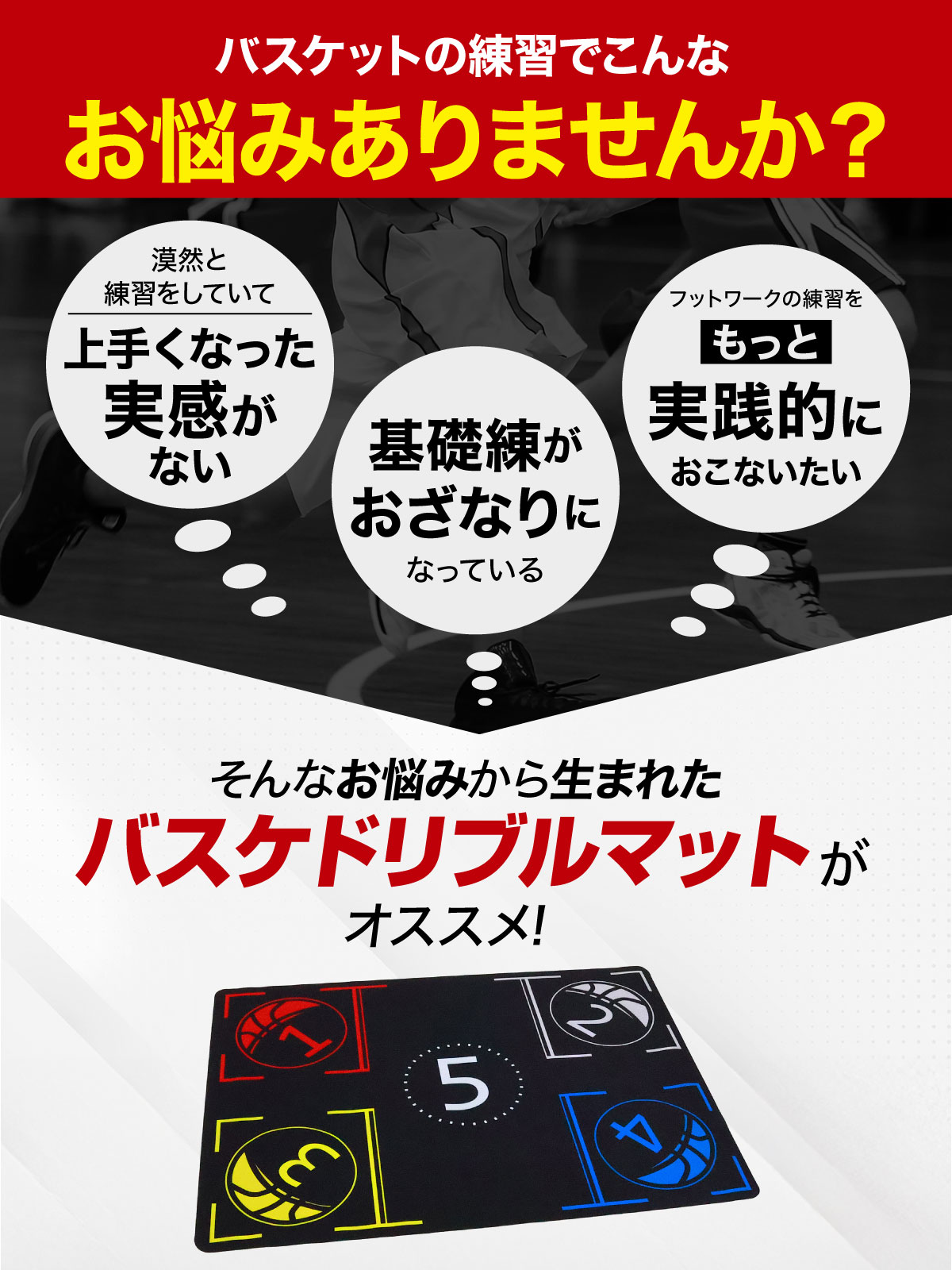 バスケ マット 練習 ドリブル 室内 滑り止め 防音 トレーニング フットワーク ステップ 厚手 3mm バスケットボール 収納袋付き (Sサイズ/94×67cm) 関連画像2