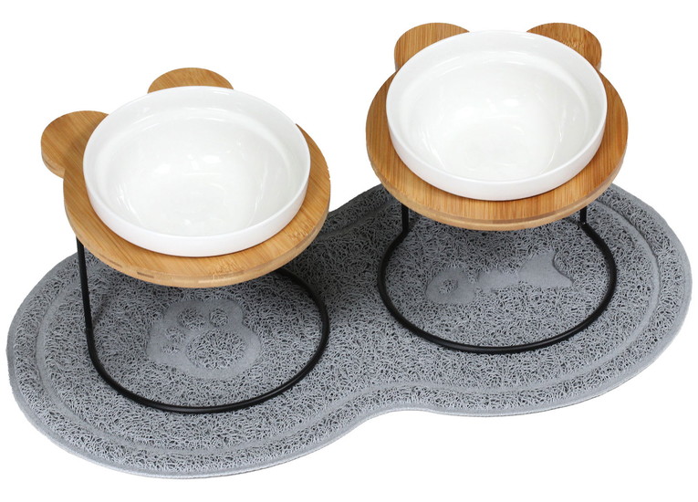 えさ皿 2個 ランチョンマット ∞型 セット 猫 犬 餌入れ フードボウル ペット マット 餌皿 滑り止め 陶器 アイアンバンブースタンドシングル | Pet Style | 04