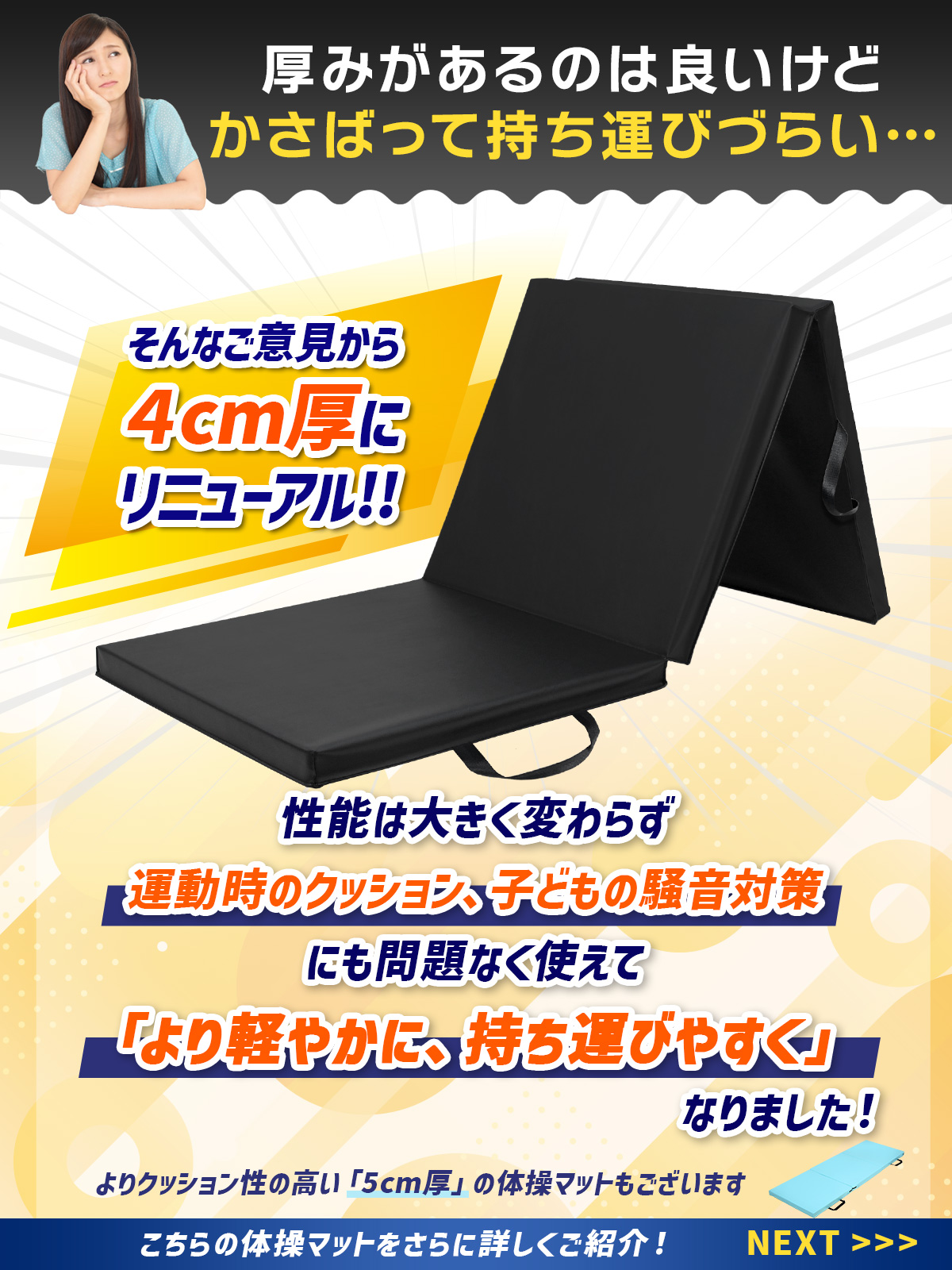 体操 マット 折りたたみ ストレッチ エクササイズ 筋トレ 子供 プレイマット 跳び箱 ヨガ スポーツマット ごろ寝マット 厚手 軽量 厚さ4CM 180X60CM AMZモデル 関連画像1
