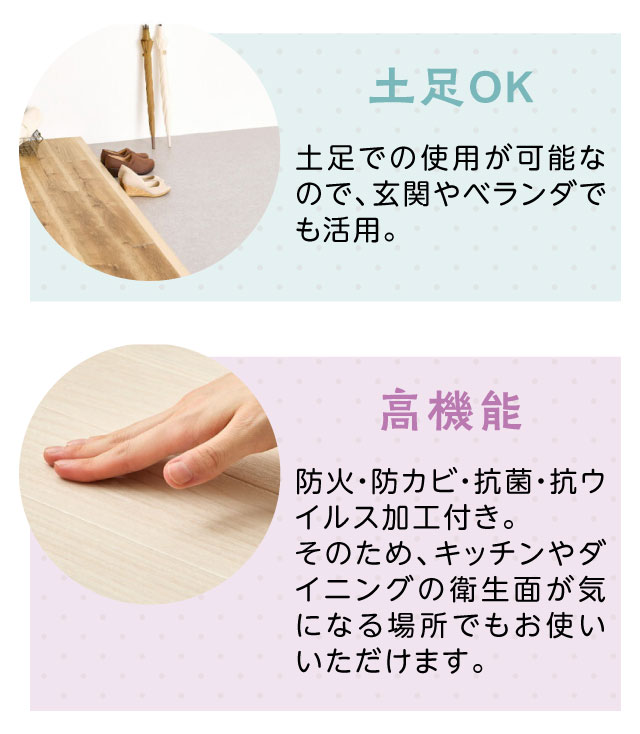 土足OK・玄関やベランダでも活躍、高機能・防火・防カビ・抗菌・抗ウイルス加工付き、衛生面が気になる場所でも使える