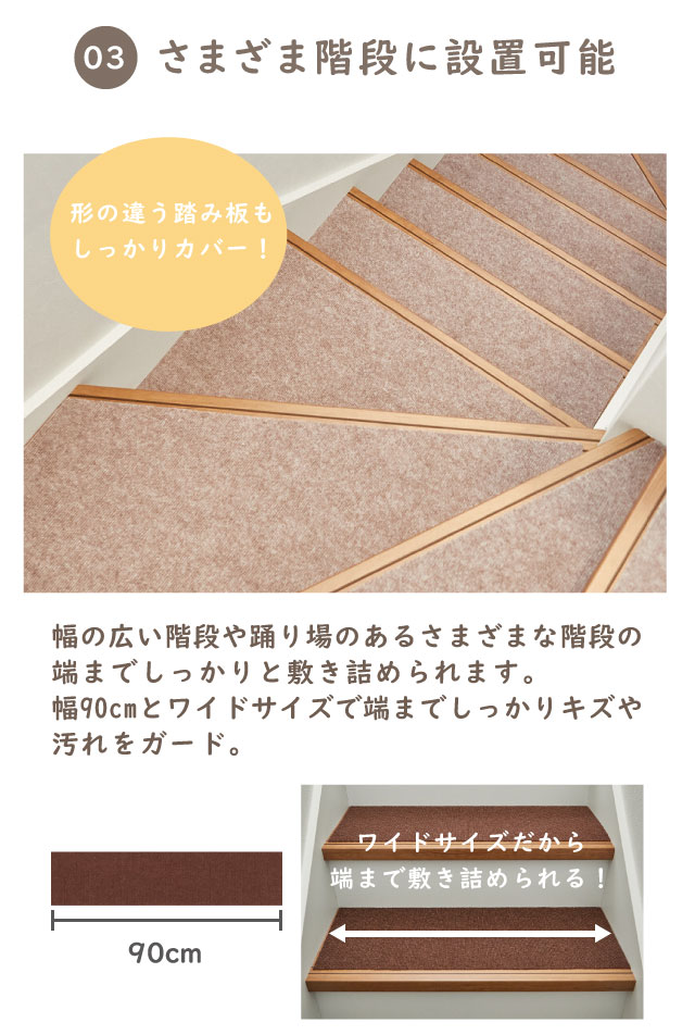 さまざまな階段に設置可能・幅の広い階段や踊り場でもしっかり敷き詰められる