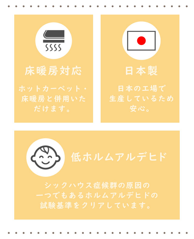 ホットカーペット・床暖房対応、日本製、低ホルムアルデヒド